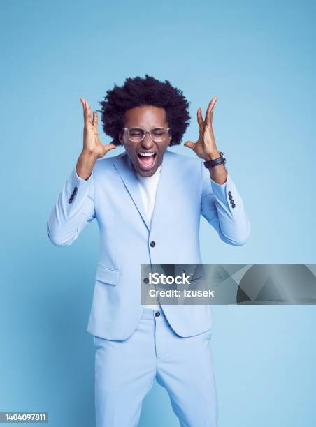 Man In Blue Blazer Gesturing And Screaming Stock Photo - Download Image Now - 30-34 Years, Adult, Adults Only