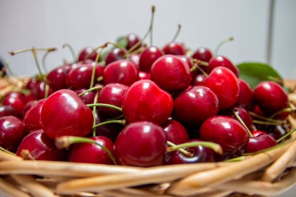 Fresh sweet cherries  in woden basket. Eco production organic fruits - concept. Close up