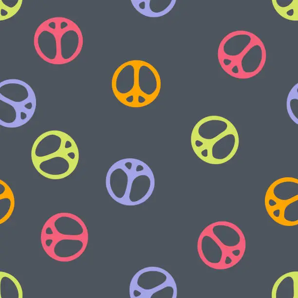 Vector illustration of Groovy seamless pattern with symbol of peace in 1970s style. Simple aesthetic print for T-shirt, textile, fabric. Hand drawn vector illustration for decor and design.