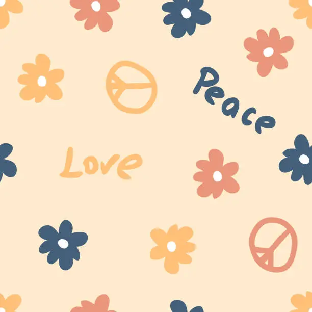 Vector illustration of Summer seamless pattern with symbol of peace, flowers and text. Simple floral print for T-shirt, textile, fabric. Hand drawn vector illustration for decor and design.