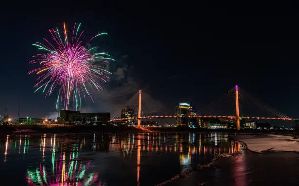 Fireworks display on New Year's Eve at the Bob Kerrey Pedestrian Bridge in Omaha, Nebraska
