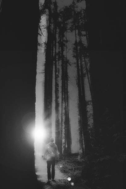 istock man walking towards mysterious light in forest 1404104859