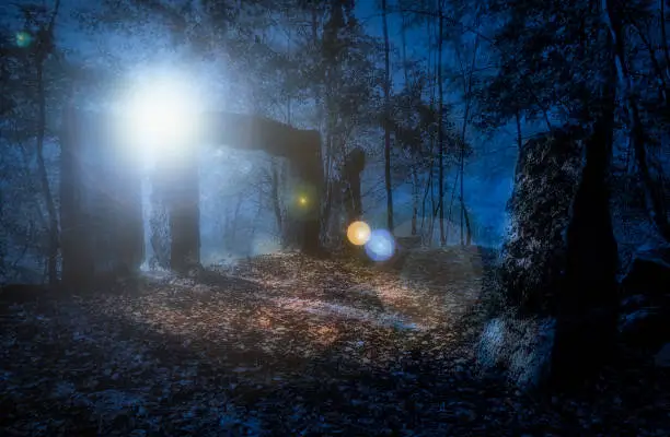 a mysterious menhir stone in the forest at night with mystical moon light through gate