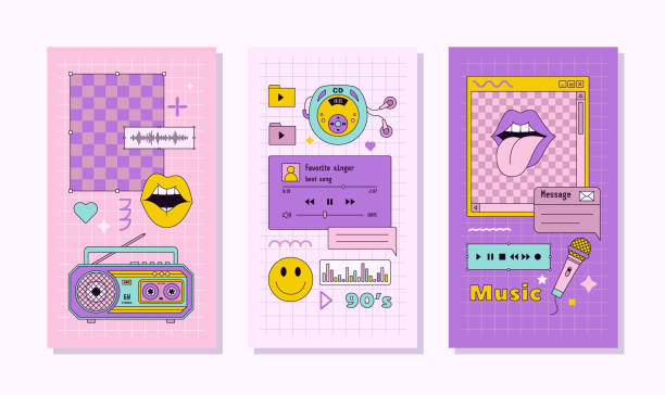 illustrations, cliparts, dessins animés et icônes de vaporwave music template histoires de médias sociaux. bureau rétro avec cadres, éléments de lecteur. arrière-plan vectoriel - smiley face audio