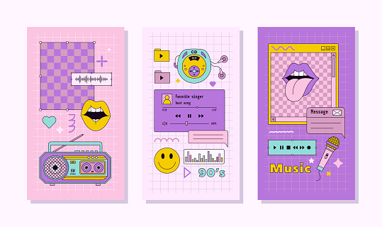 Vaporwave Music Template Social Media Stories. Retro Desktop with Frames, Player Elements. Vector Abstract Colorful Background Nostalgic for 90s