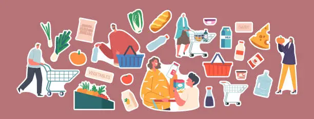 Vector illustration of Set of Stickers People Visiting Supermarket. Happy Man, Woman and Kid Choosing Products in Store, Characters in Shop