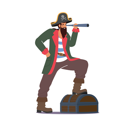 Pirate With Spyglass Look Into the Distance. Robber Wear Costume and Cocked Hat with Jolly Roger and Loot in Trunk, Buccaneer Character Isolated on White Background. Cartoon People Vector Illustration