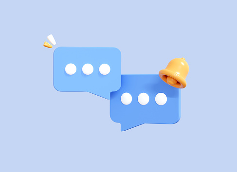 3D Speech bubble messages with bell notification. Chatting box. Online conversation. Cartoon icon isolated on blue background. New message concept. 3D Rendering