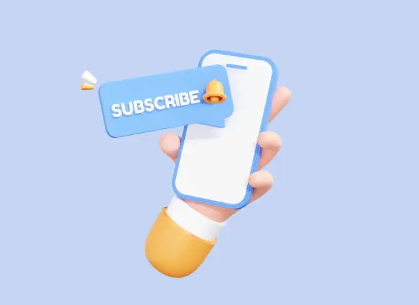 Photo of 3D Hand holding mobile phone with Subscribe speech bubble. Social media marketing concept. Subscription notification with bell. Cartoon character and smartphone isolated icon. 3D Rendering