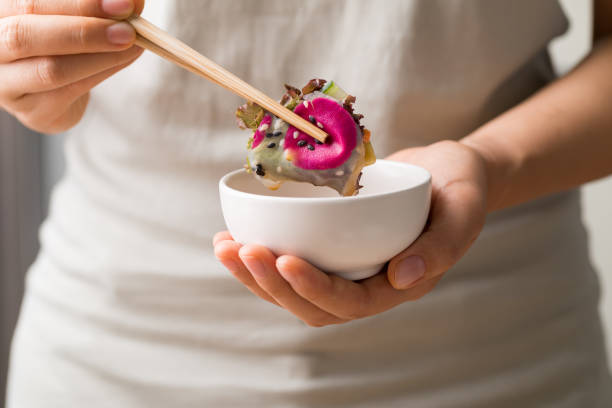 Fresh spring roll with edible flower and vegetable, Vegan food