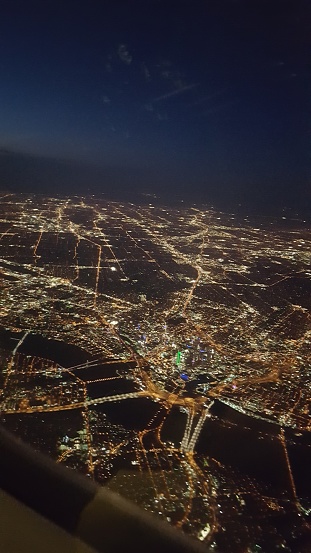 Aerial view of downtown Dallas at night