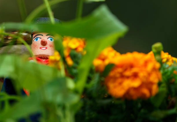 Mysterious figure in the garden flowerbed