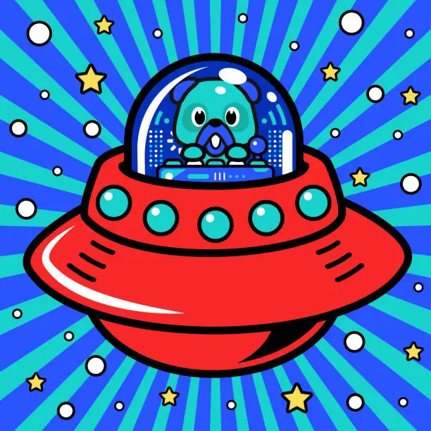 Vector illustration of A cute pug astronaut is piloting an Unlimited Power Spaceship or UFO into the metaverse