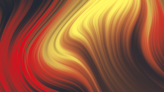 Fluid vibrant gradient of red yellow black brown colors with smooth movement in the frame turning waves with copy space. Abstract lines background concept