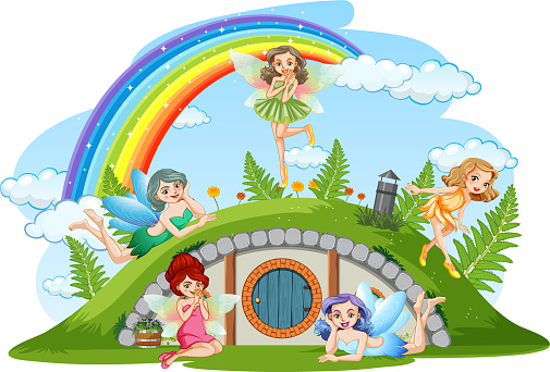 Fairies at hobbit house on white background illustration