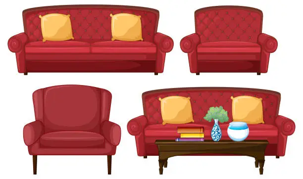 Vector illustration of Set of different red sofas in cartoon style