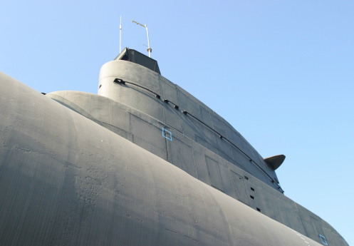 Side view of an old submarine in an open air museum