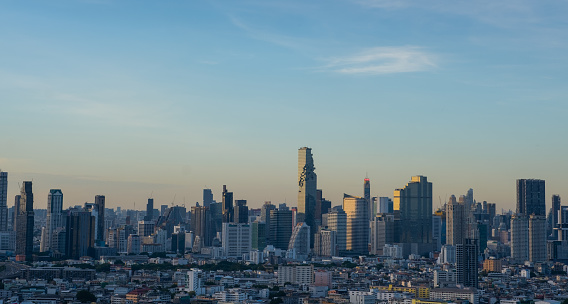 view of Bangkok City with bright blue sky, the business district of Bangkok the Capital of Thailand