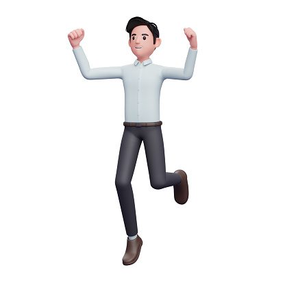 3d man jumping in the air celebrating, 3D render businessman character illustration