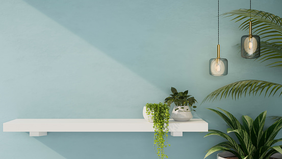 A copy space for product display on modern white wall shelf with a decor minimal plants, indoor plants and modern ceiling lamps with a stylish blue wall. 3d rendering, 3d illustration