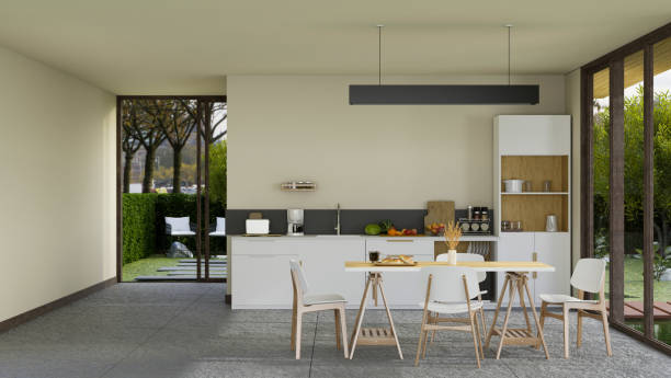 istock Modern contemporary white home kitchen and dining room interior design 1404129537