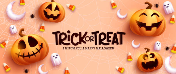 illustrazioni stock, clip art, cartoni animati e icone di tendenza di design vettoriale di saluto di halloween. trick or treat testo in sfondo cob web con jack o lantern ed elementi fantasma per la decorazione della celebrazione di halloween. - halloween candy candy corn backgrounds