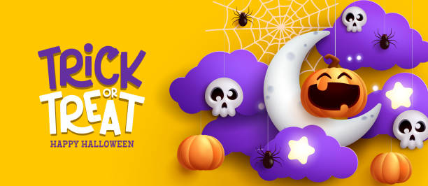 Halloween greeting vector design. Trick or treat text with hanging pumpkin and skull in moon clouds for halloween night decoration. Halloween greeting vector design. Trick or treat text with hanging pumpkin and skull in moon clouds for halloween night decoration. Vector illustration. yellow spider stock illustrations