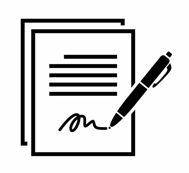 ilustrações de stock, clip art, desenhos animados e ícones de businessman signing a document. the process of business financial agreement. document with a signature. - pen