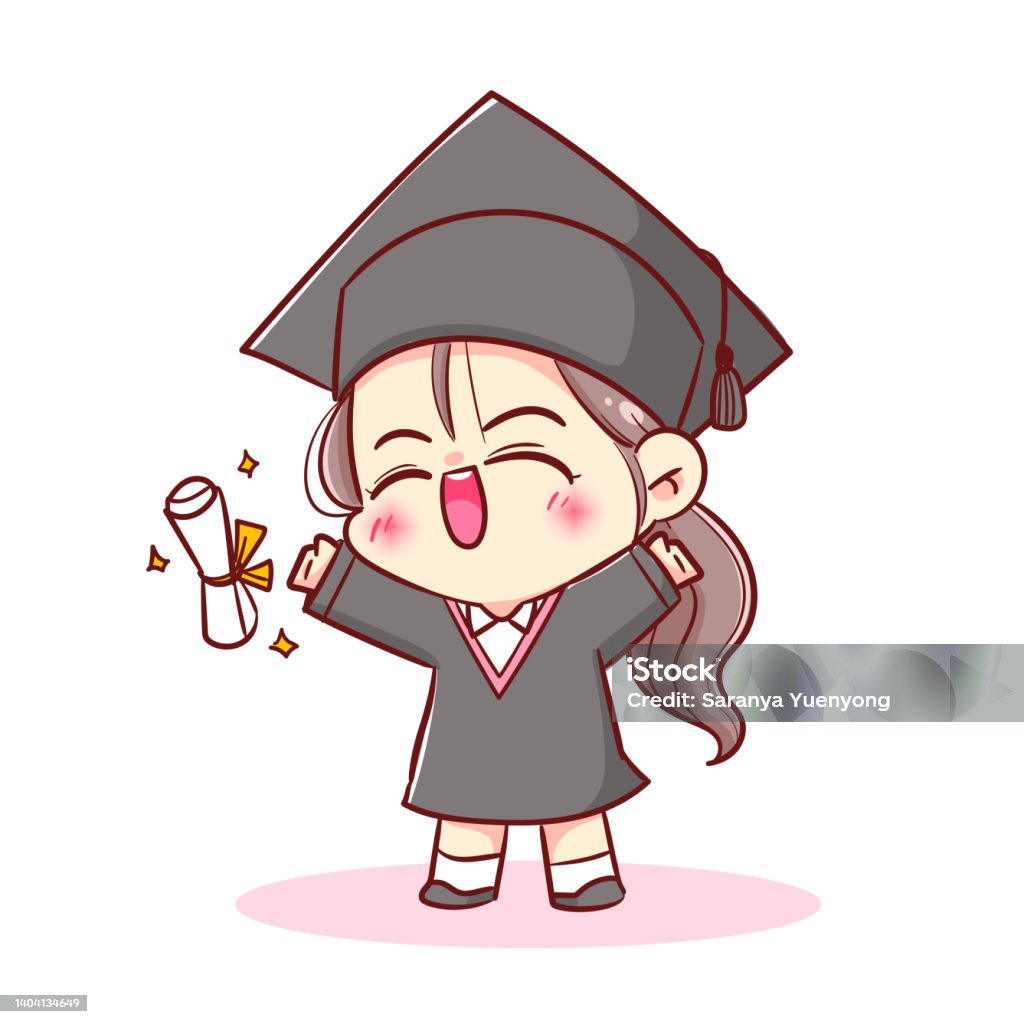 Trẻ em trông dễ thương và hạnh phúc trong bộ đồ tốt nghiệp và mũ tại lễ tốt nghiệp. Tay trẻ vẽ nhân vật hoạt hình để minh họa.