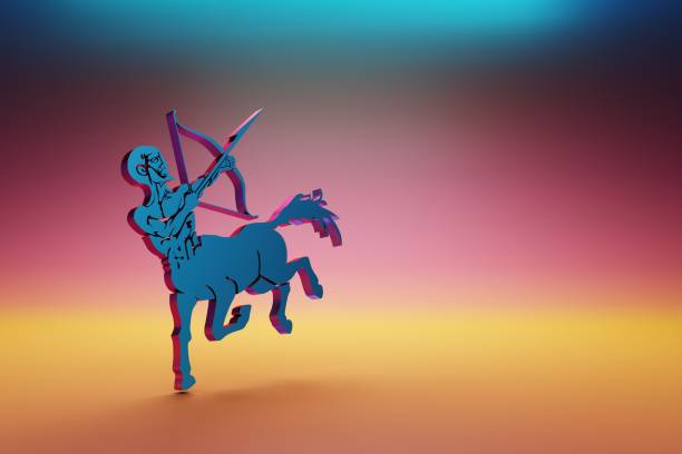 Blue zodiac sign Sagittarius on symbol icons on multicolor bright background. 3d rendering illustration. Background pattern for design.