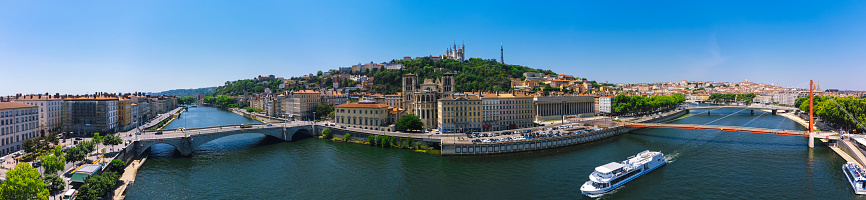 Aerial view of Lyon with Rhone river in France