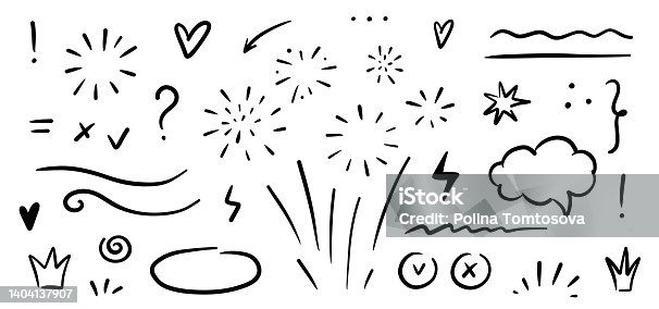 istock Sketch underline, emphasis, arrow, star shape set. Hand drawn brush stroke, highlight, speech bubble, underline, sparkle element 1404137907