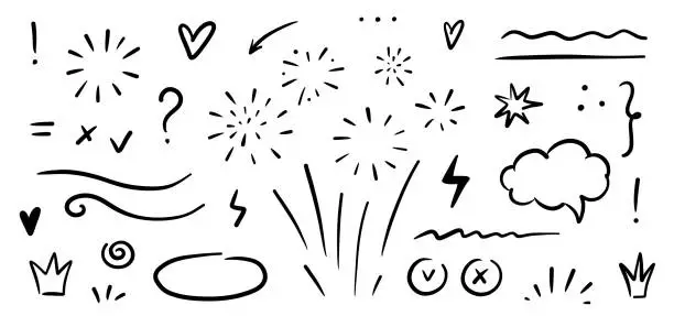 Vector illustration of Sketch underline, emphasis, arrow, star shape set. Hand drawn brush stroke, highlight, speech bubble, underline, sparkle element