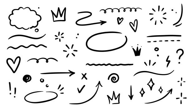 ilustrações de stock, clip art, desenhos animados e ícones de doodle underline, emphasis, line shape set. hand drawn swirl swoosh, love, speech bubble, underline element - office supply group of objects pencil highlighter