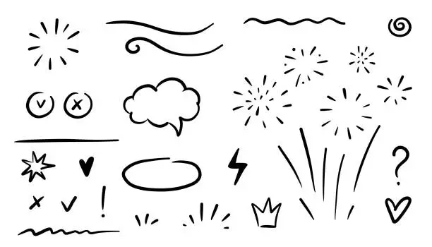 Vector illustration of Doodle underline, emphasis, line shape set. Hand drawn swirl swoosh, love, speech bubble, underline element