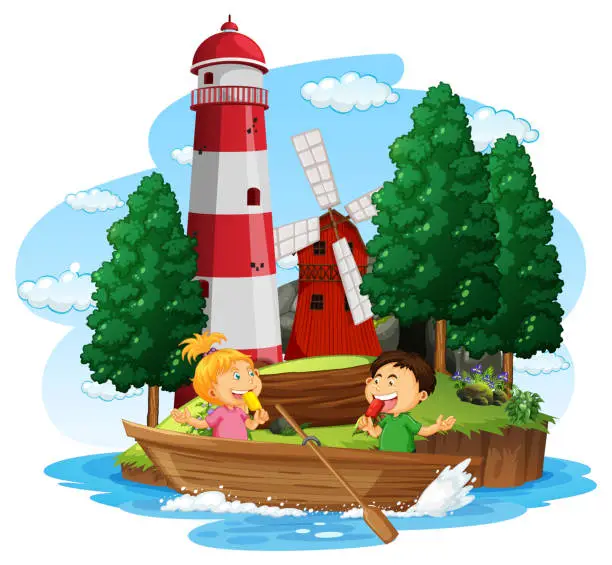 Vector illustration of Lighthouse on the island with children on wooden boat