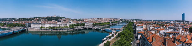 vista aerea di lione con il fiume del rodano in francia - rhone bridge foto e immagini stock