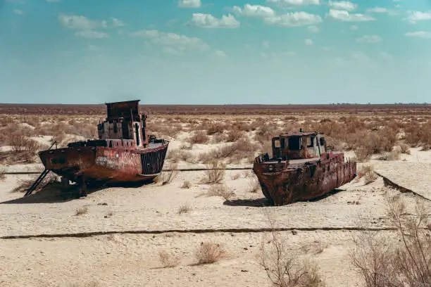Abandoned old ships in desert in Moynaq, Uzbekistan, formerly Aral sea territory
