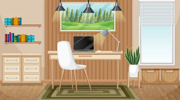 Vector illustration of Workroom scene with a laptop on the table