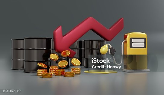 istock 3D Rendering of oil barrel and fuel pump nozzle with cash and red graph pointing down concept of commodity oil stock decrease price financial. 3D Render illustration cartoon style. 1404139440