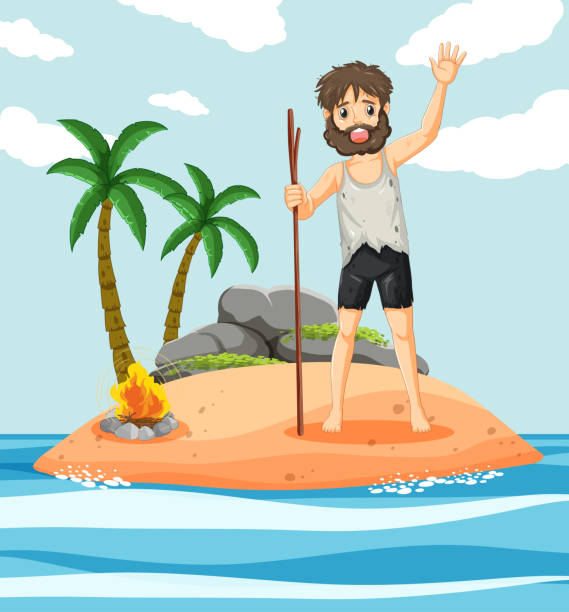 A man on deserted island isolated A man on deserted island isolated illustration castaway stock illustrations