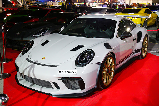 Dubai, UAE - November 15, 2018: German sports car Porsche 911 GT3 RS (991) at the Gulf Car Festival.