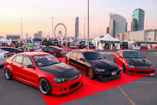 Dubai, UAE - November 15, 2018: Tuned Japanese cars Toyota Altezza take part in the Gulf Car Festival.