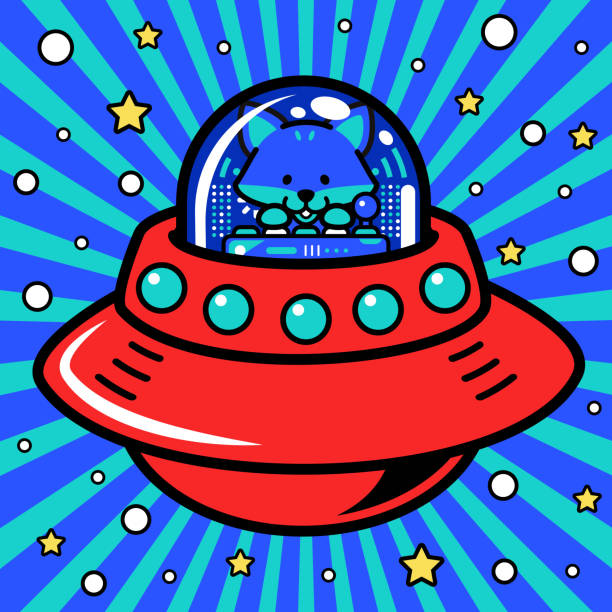 illustrazioni stock, clip art, cartoni animati e icone di tendenza di un simpatico astronauta fox o dog sta pilotando un'astronave a potenza illimitata o un ufo nel metaverso - robot manga style cute characters