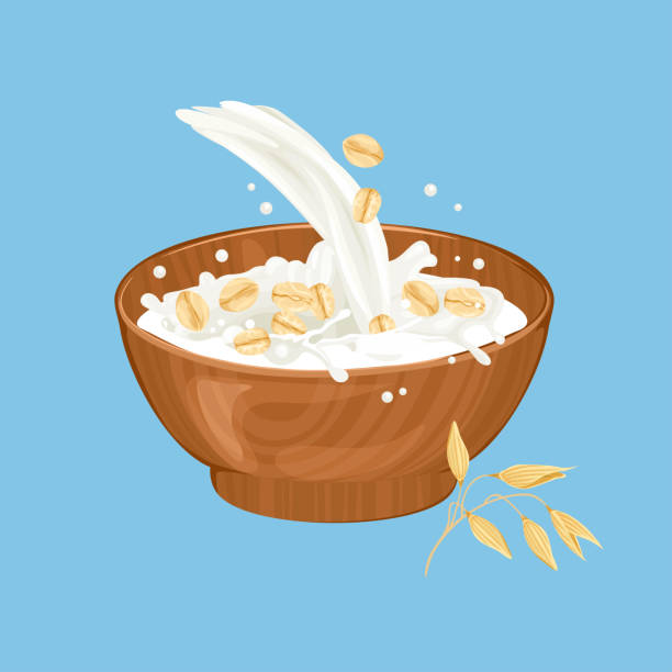  Ilustración de Copos De Avena Y Salpicaduras De Leche Desayuno De Cereales Vectoriales Tazón De Dibujos Animados Con Comida Saludable y más Vectores Libres de Derechos de Corn Flakes