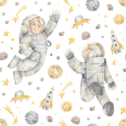 Watercolor seamless pattern with astronauts in space, stars and planets. Hand-drawn children texture with spaceman in cosmos.