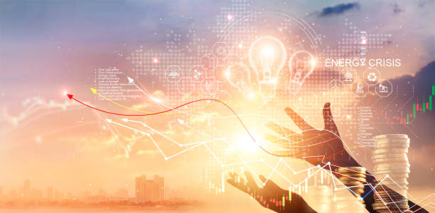 Energy crisis, Hands touch light bulb with energy resources icon and rising graph data chart representing electricity crisis, Economy and alternative energy, Sustainability. Ecological friendly.