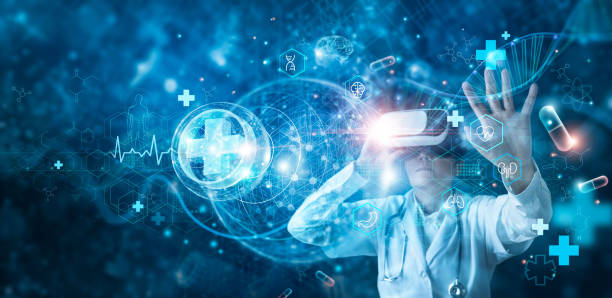 Medicine doctor wearing virtual reality glasses checking and testing result of patient with simulator on media futuristic medical, Science, Innovation and technology of healthcare. stock photo