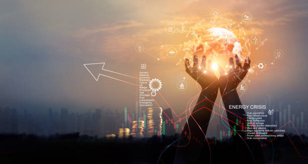 Energy crisis, Hands holding earth with energy resources icon and rising graph data chart representing electricity and energy crisis, Economy and alternative energy, Sustainability. Ecological friendly.