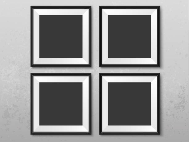 istock Frames wall gallery on grunge grey wall. Black photoframes mockup. Empty framing for your design. Vector picture mock up template for painting, drawing, poster, quote or photo. 1404145414